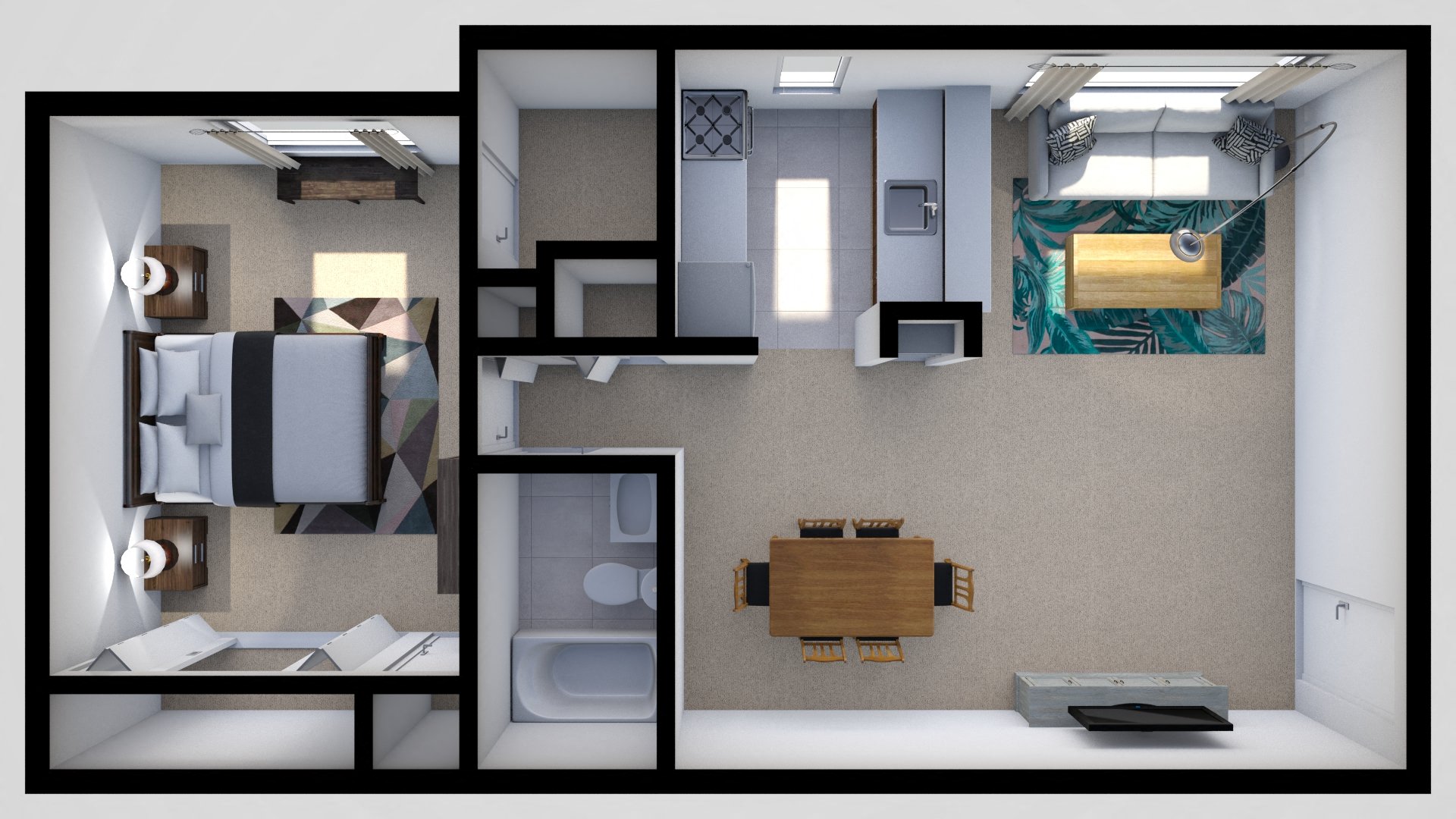Floor plan for 1 bed, 1 bath, 680 sqft